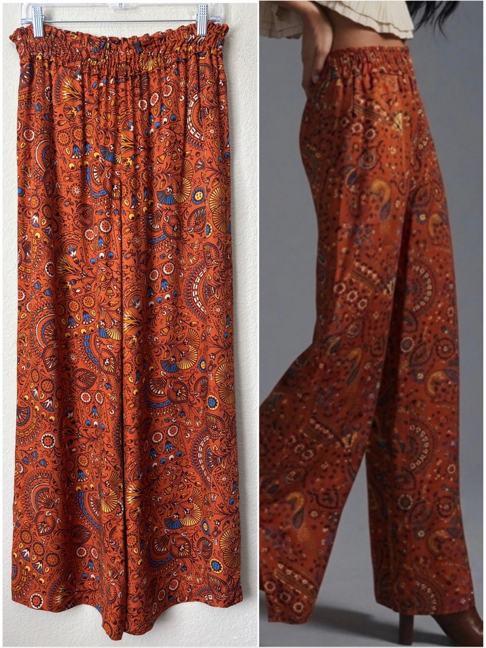 Anthropologie Boho Paisley Print Wide Leg Smocked Waist Pants in Rust Orange